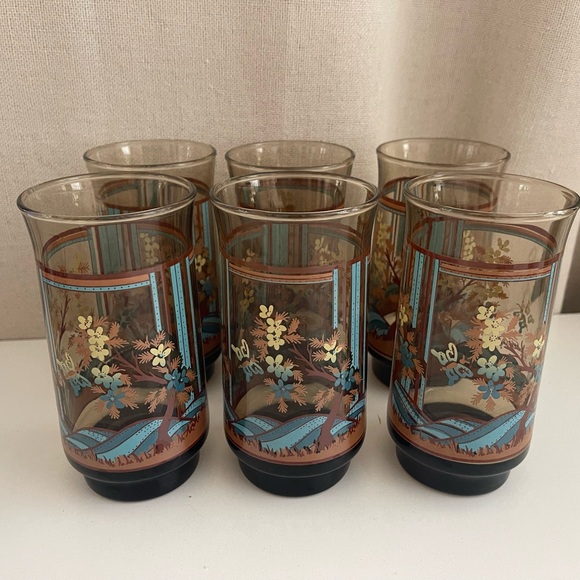 Vintage 1970’s Libbey Smokey Butterflies Footed Drinking Glass Tumblers Set - Picture 1 of 4